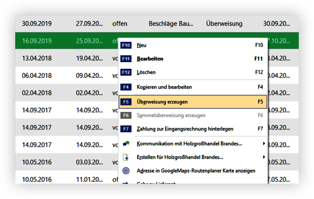Überweisung aus Eingangsrechnung erzeugen