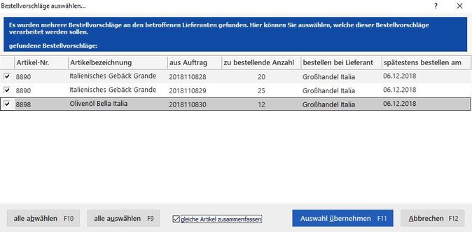 Screenshot: Zusammenfassen von Bestellartikeln