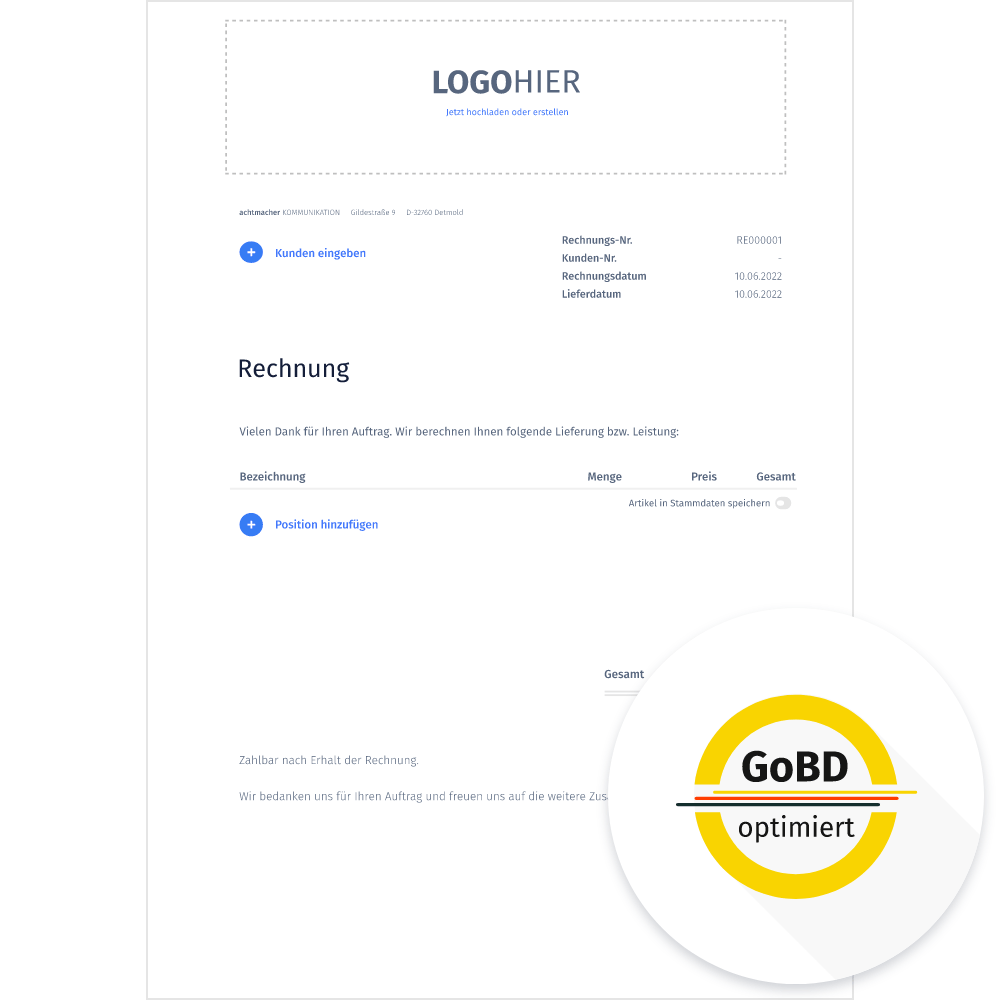 Animation, die verschiedene Beispielrechnungen in unterschiedlichem Layout zeigt. Unten rechts ist ein Siegel eingeblendet, in welchem steht: GoBD optimiert. 