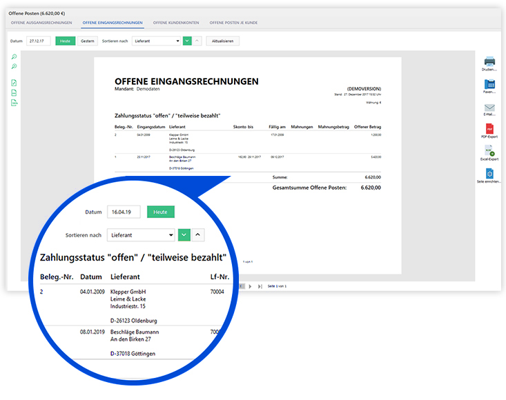 Gute Rechnungsprogramme erkennen offene Rechnungen und ordnen eingehende Zahlungen zuverlässig der richtigen Rechnung zu. Mit der Offene-Posten-Liste behalten Sie zudem stets den Überblick über Ihre offenen Rechnungen und Posten.