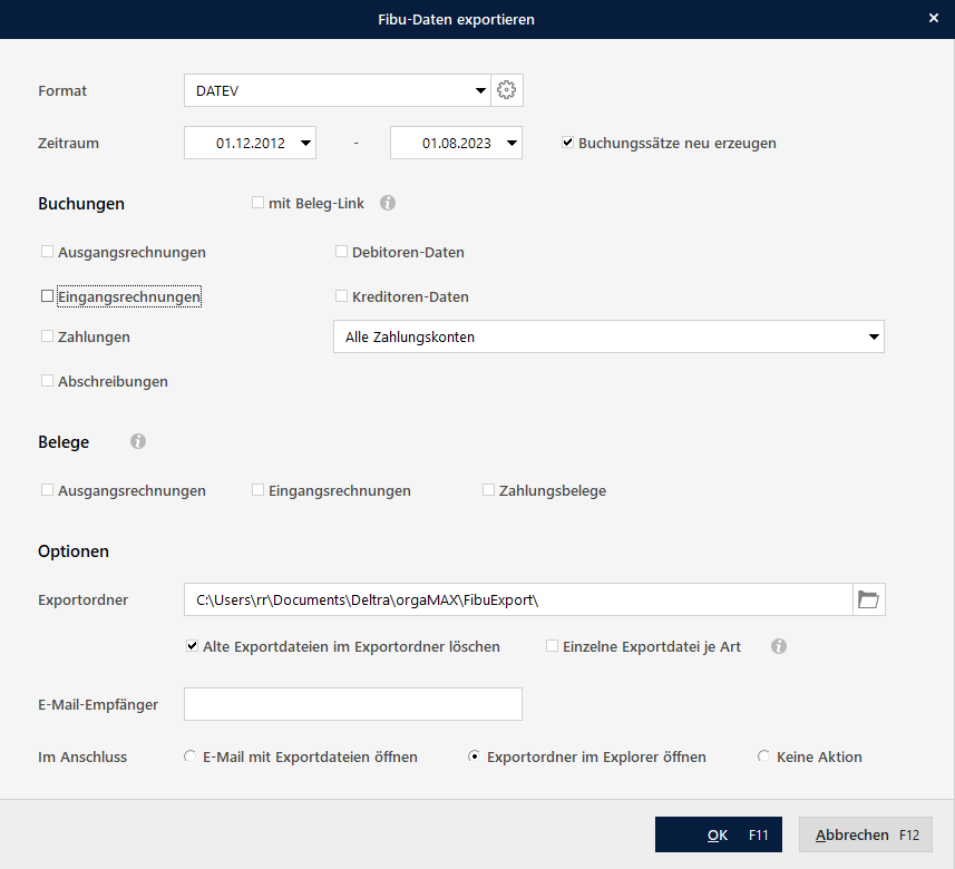 Ansicht des Finanzbuchhaltungsexportes mit Formatauswahl für den Export